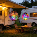 Lanterne solaire boule en métal ajouré, lumière RVB, noire ou cuivrée