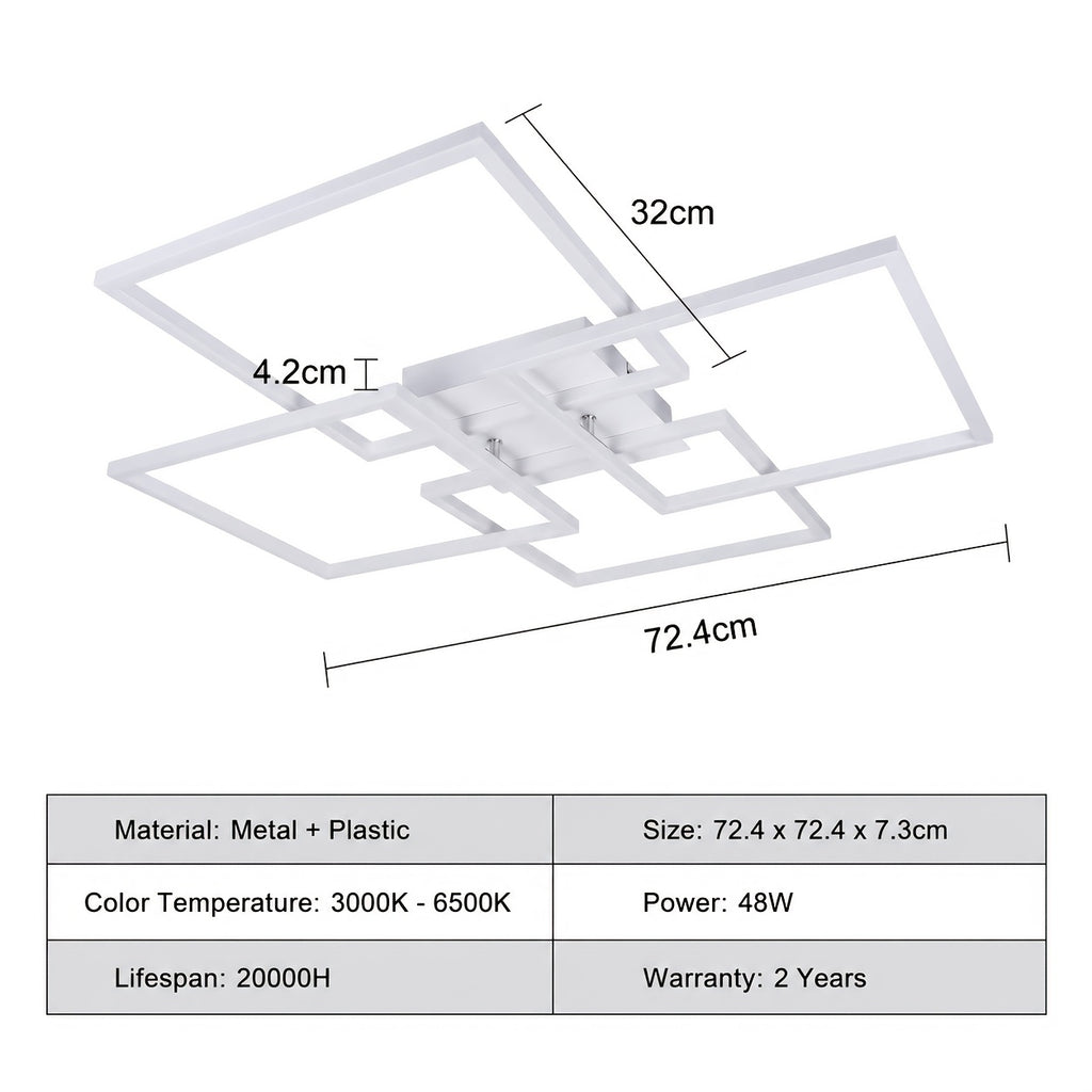 Plafonnier LED à quatre cadres carrés, 72,4 cm, noir, argenté ou blanc