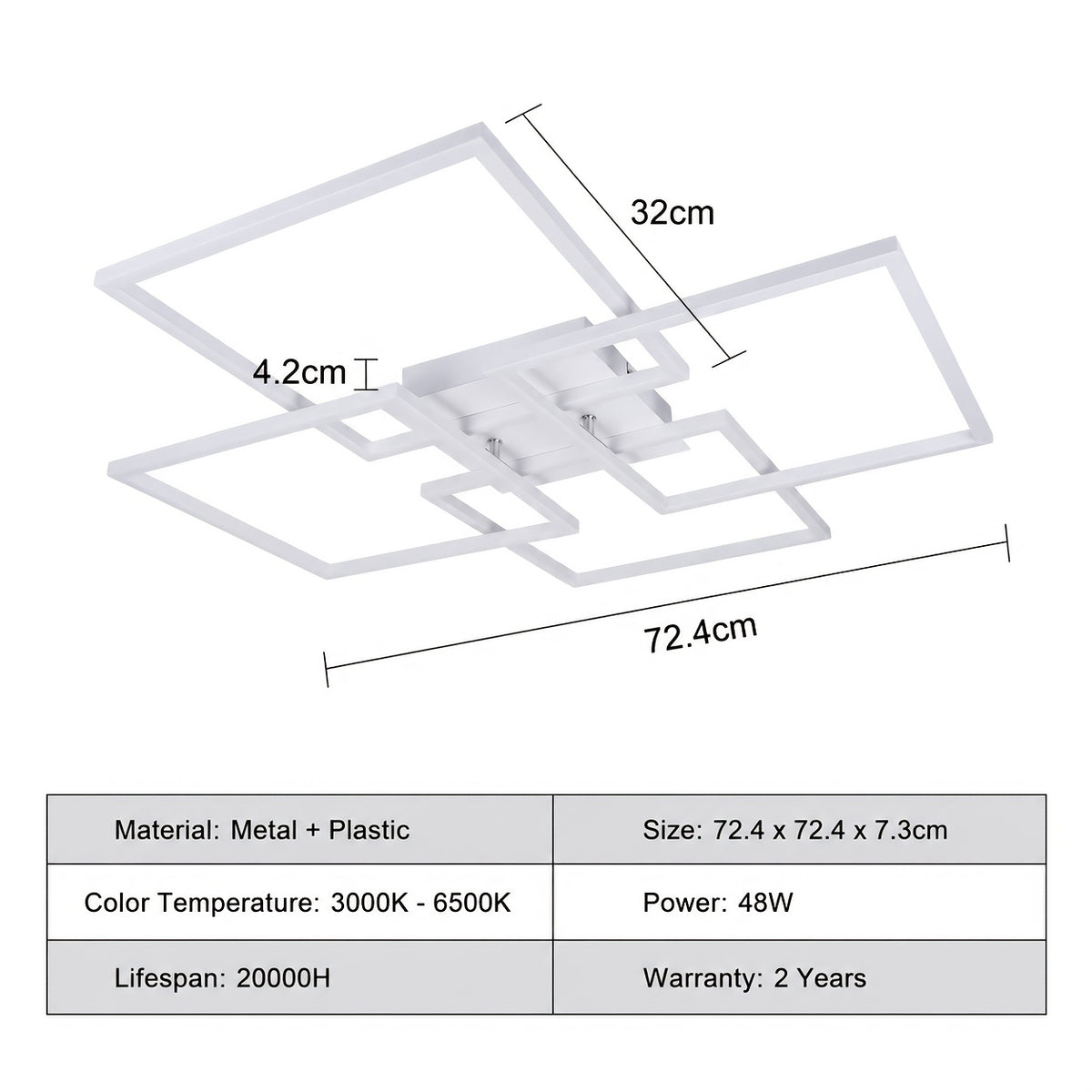 Plafonnier LED à quatre cadres carrés, 72,4 cm, noir, argenté ou blanc