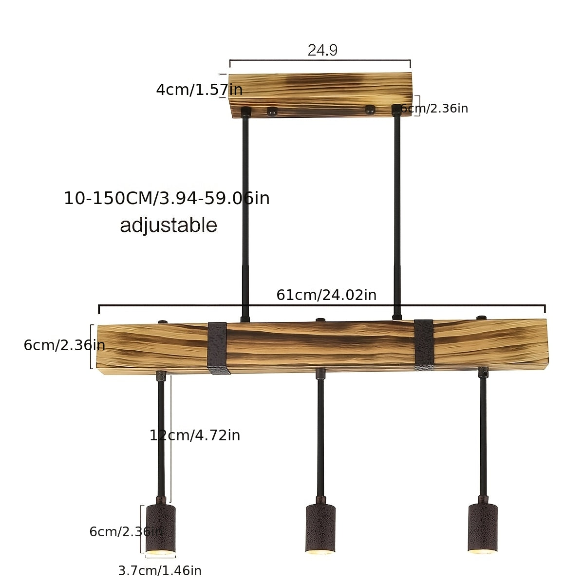 Suspension poutre effet bois brûlé, 3 ou 4 lumières, douilles E27
