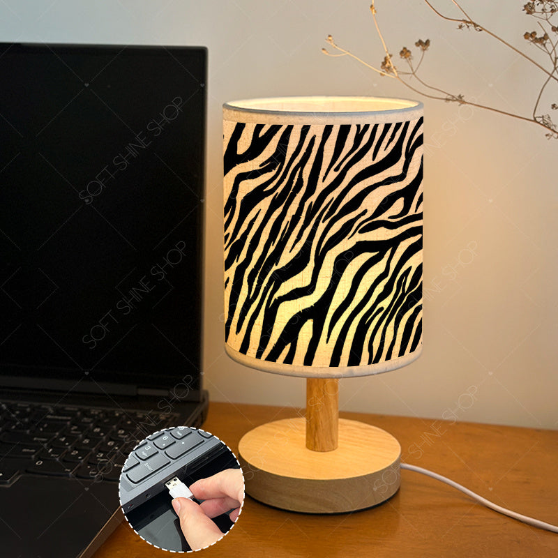 Lampe de chevet zébrée noir et blanc, abat-jour cylindre et LED USB