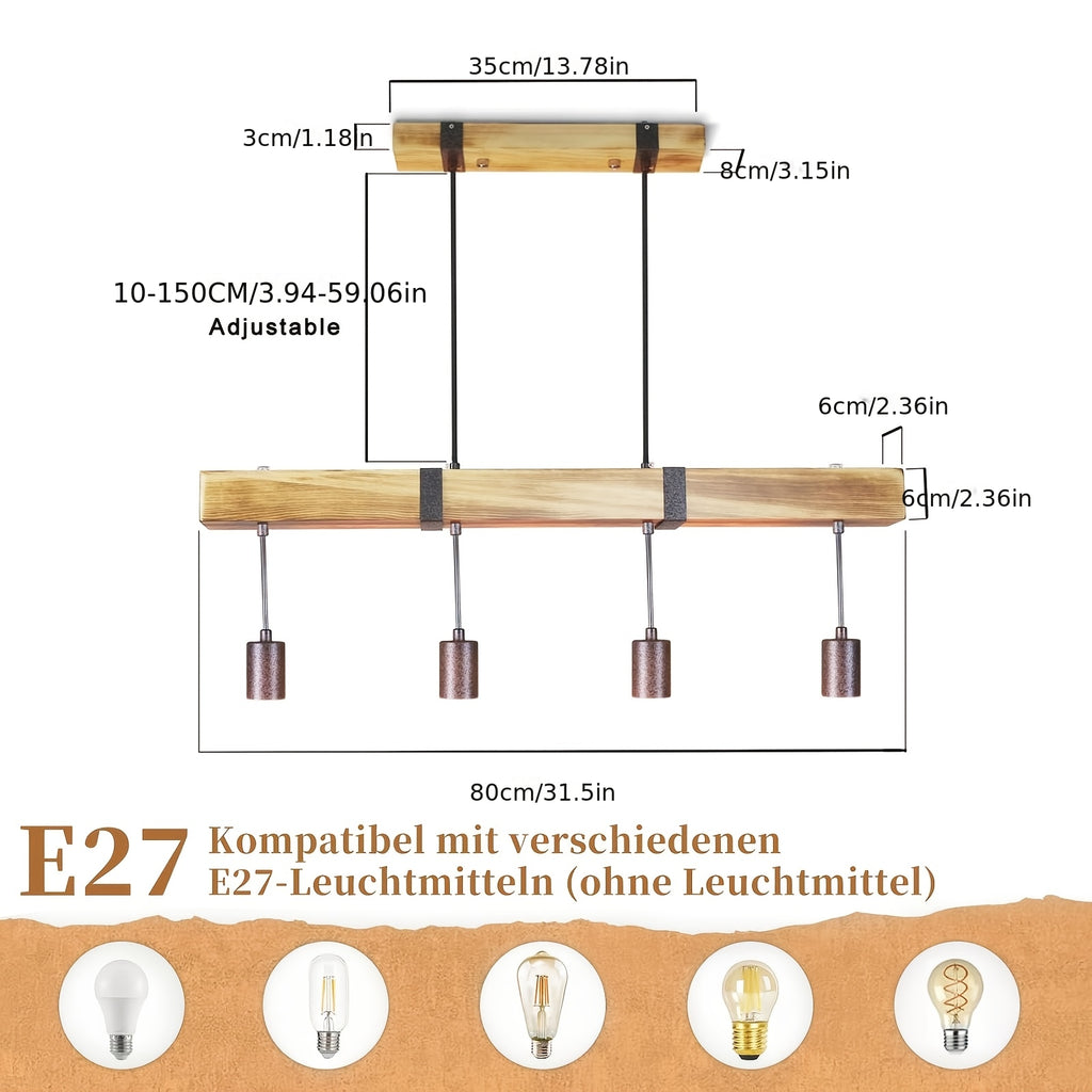 Suspension poutre effet bois brûlé, 3 ou 4 lumières, douilles E27