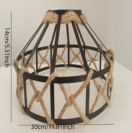 Abat-jour cage vintage en métal noir et corde de chanvre, Ø 30 cm