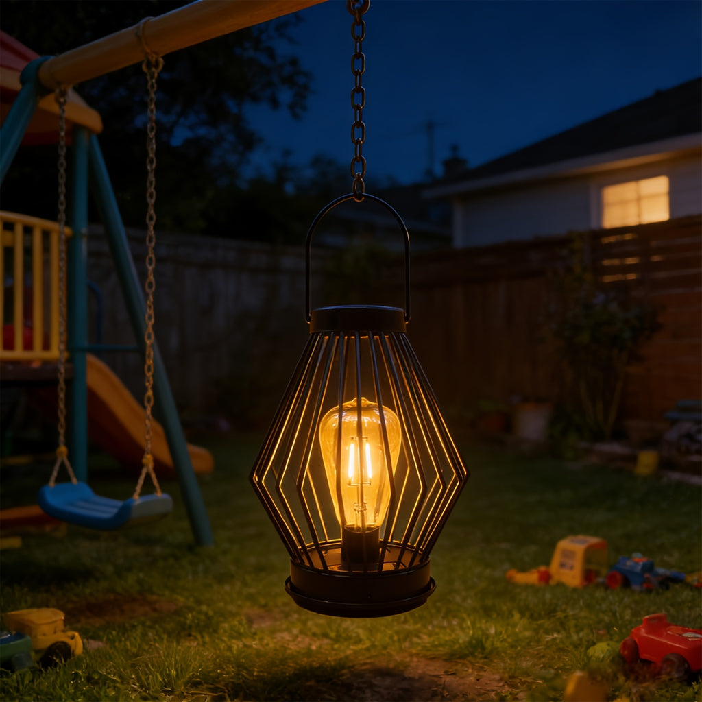 Lanterne solaire en fil de fer noir et ampoule effet Edison, 30,5 cm