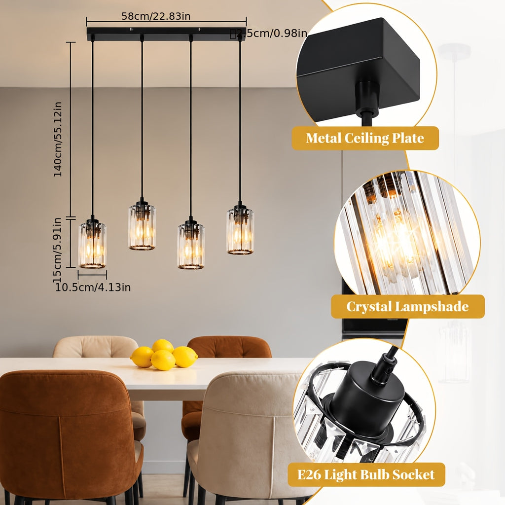 Suspension cylindres en cristal K9, 3 ou 4 lumières, monture noire
