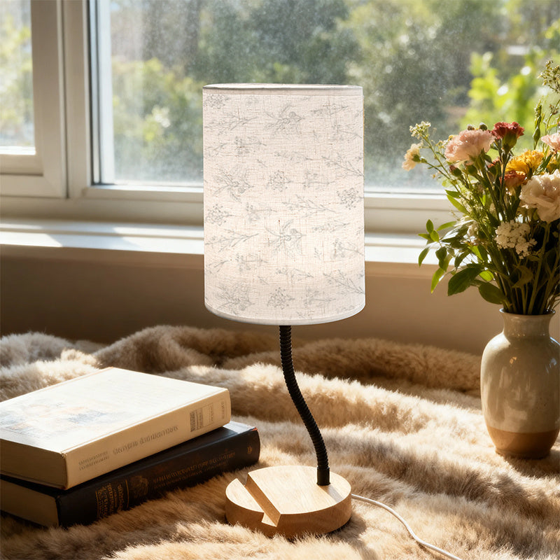 Lampe de chevet col flexible, abat-jour imprimé de brins fleuris gris