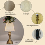 Lampe de chevet dorée, abat-jour conique aspect lin, câble USB