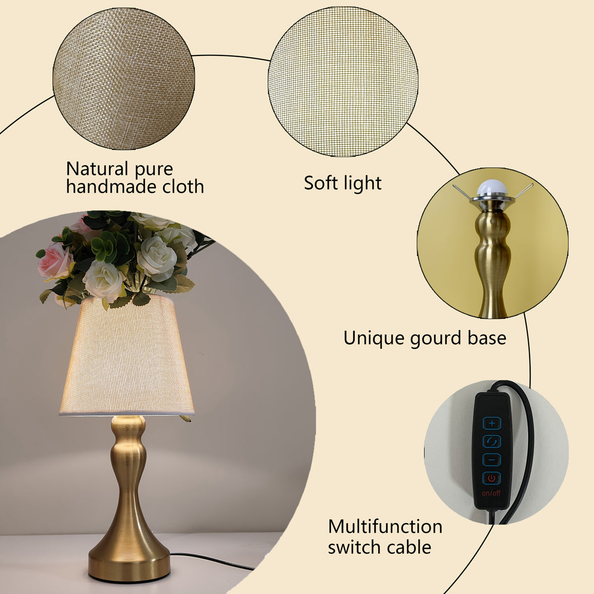 Lampe de chevet dorée, abat-jour conique aspect lin, câble USB