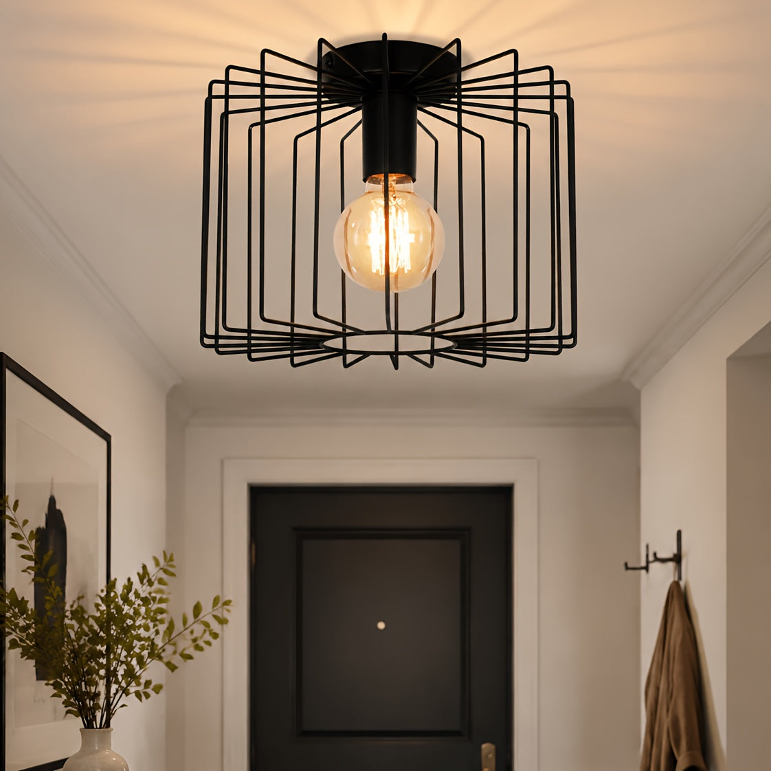 Plafonnier cage en fil de fer noir, style atelier