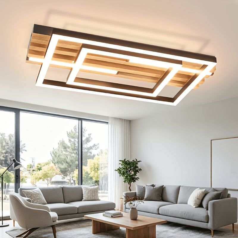 Lustre de plafond à 2 têtes avec cadre et base en bois, couleur grain de bois - CCT