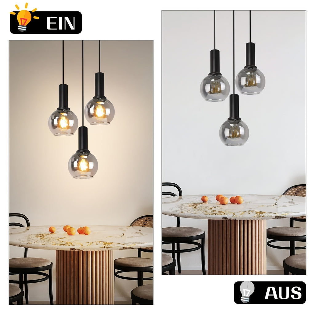 Suspension 3 globes en verre fumé sur cylindres noirs, E27