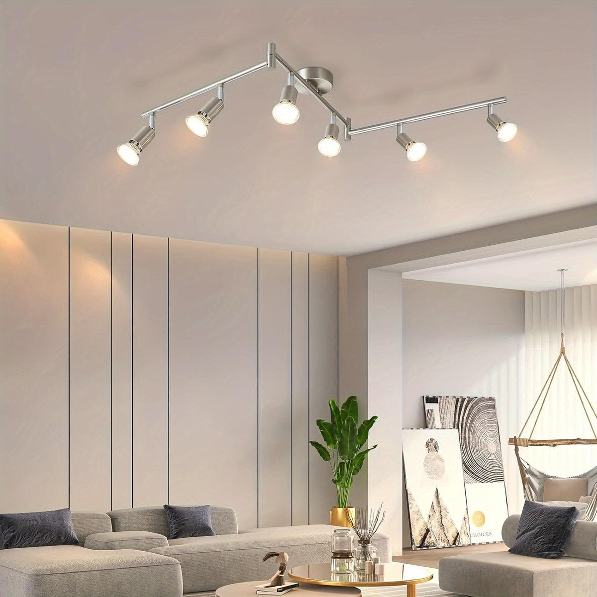 Plafonnier 6 spots GU10 argenté sur bras articulés, 120 cm de long
