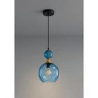 Suspension globe côtelé et perle de verre, rose, bleu, gris ou ambre