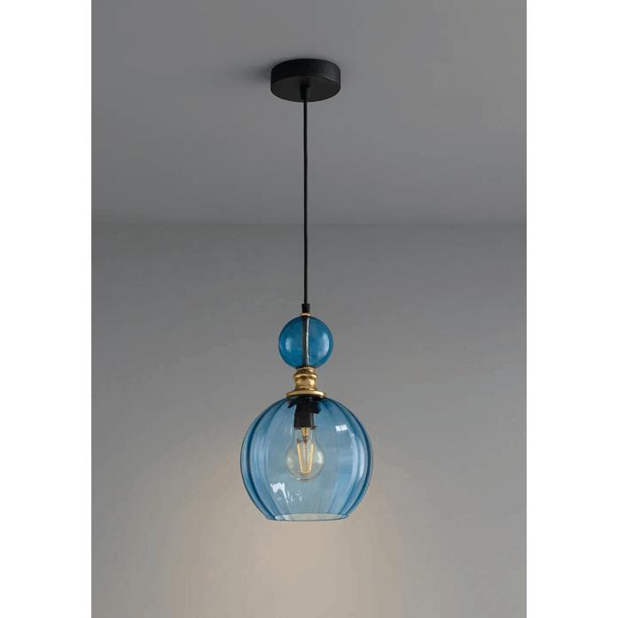 Suspension globe côtelé et perle de verre, rose, bleu, gris ou ambre