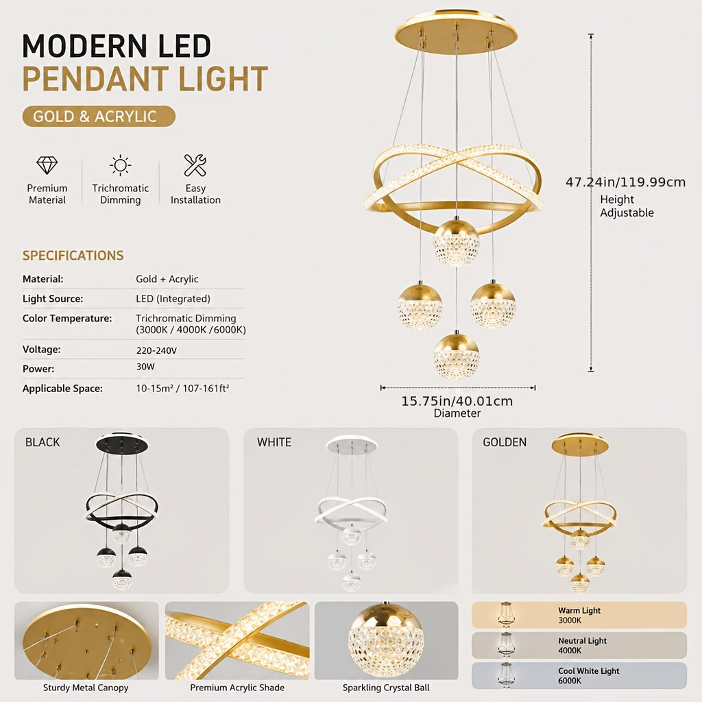 Lustre LED anneaux croisés et trois globes effet cristal, Ø 40 cm