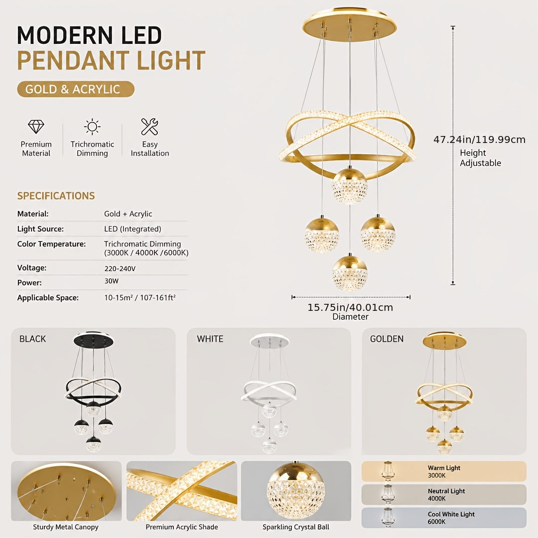 Lustre LED anneaux croisés et trois globes effet cristal, Ø 40 cm
