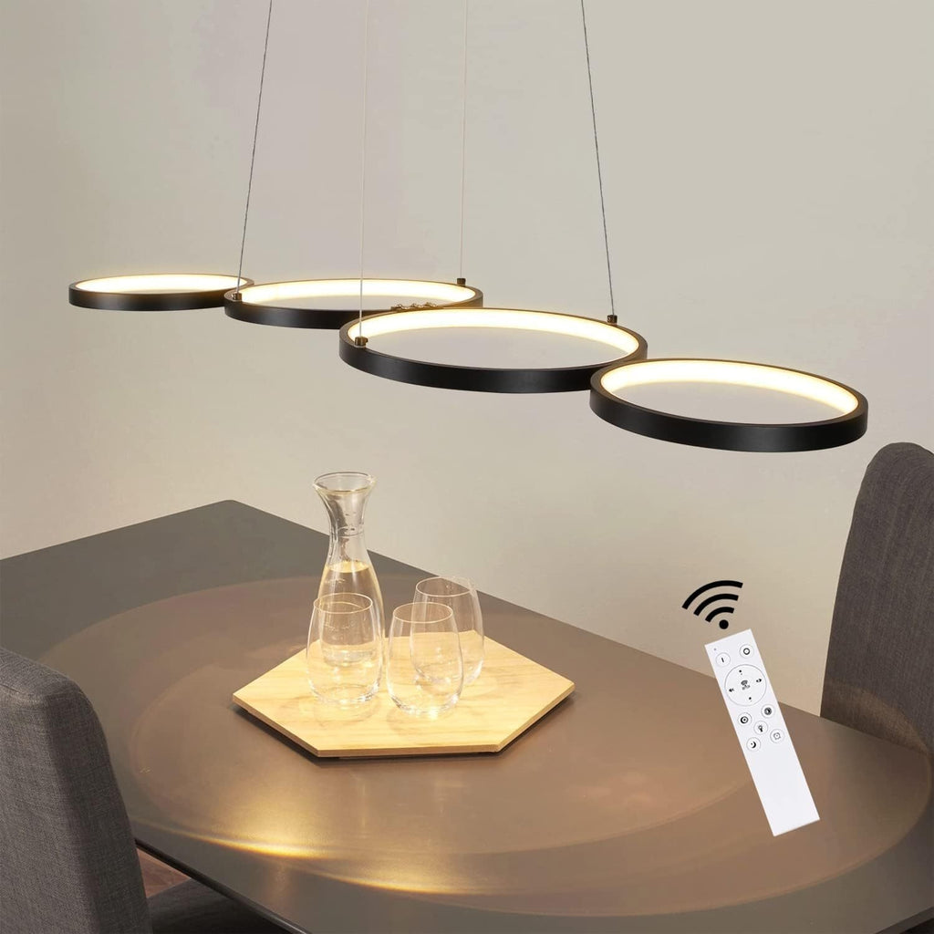 Plafonnier LED 4 anneaux noir ou blanc, 88 ou 100 cm, ou suspendu