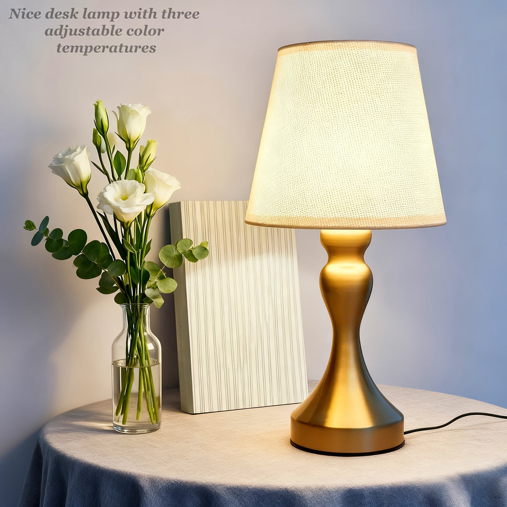 Lampe de chevet dorée, abat-jour conique aspect lin, câble USB