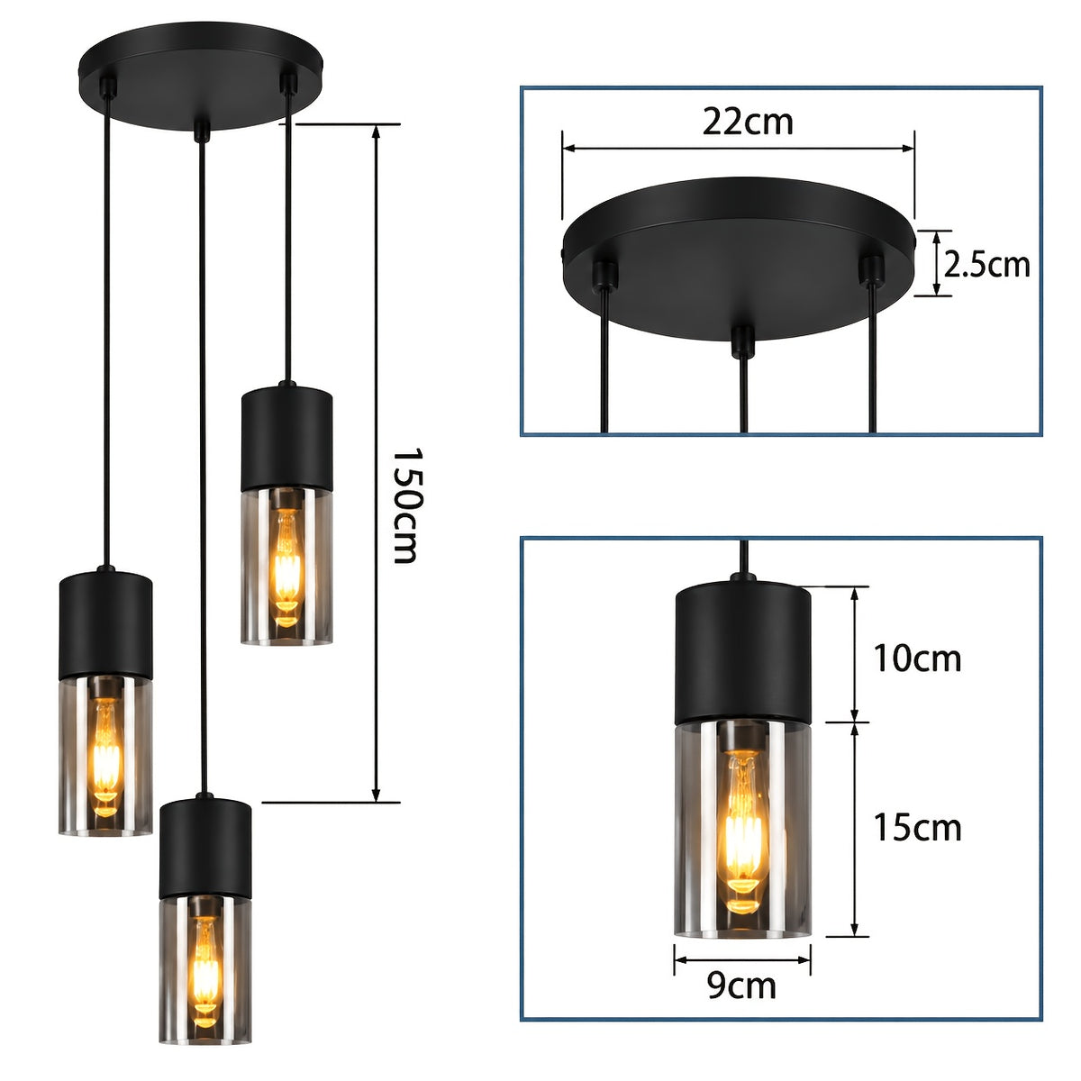 Suspension 3 cylindres en verre fumé et métal noir, rosace ronde