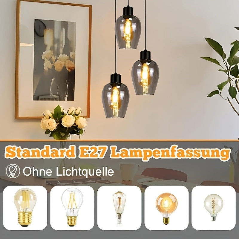 Suspension 3 lumières en verre fumé, tulipes sur barre ou rosace
