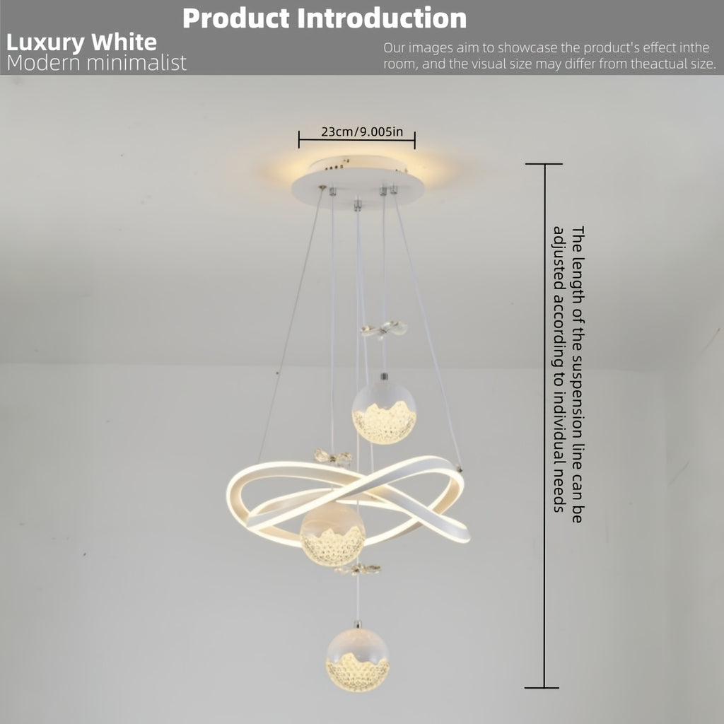 Lustre LED blanc à anneaux entrelacés et globes perlés, trois teintes