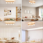 Plafonnier barre effet bois à 3 ou 4 spots grillagés blancs, E14