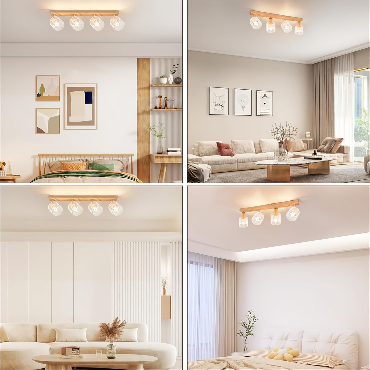 Plafonnier barre effet bois à 3 ou 4 spots grillagés blancs, E14