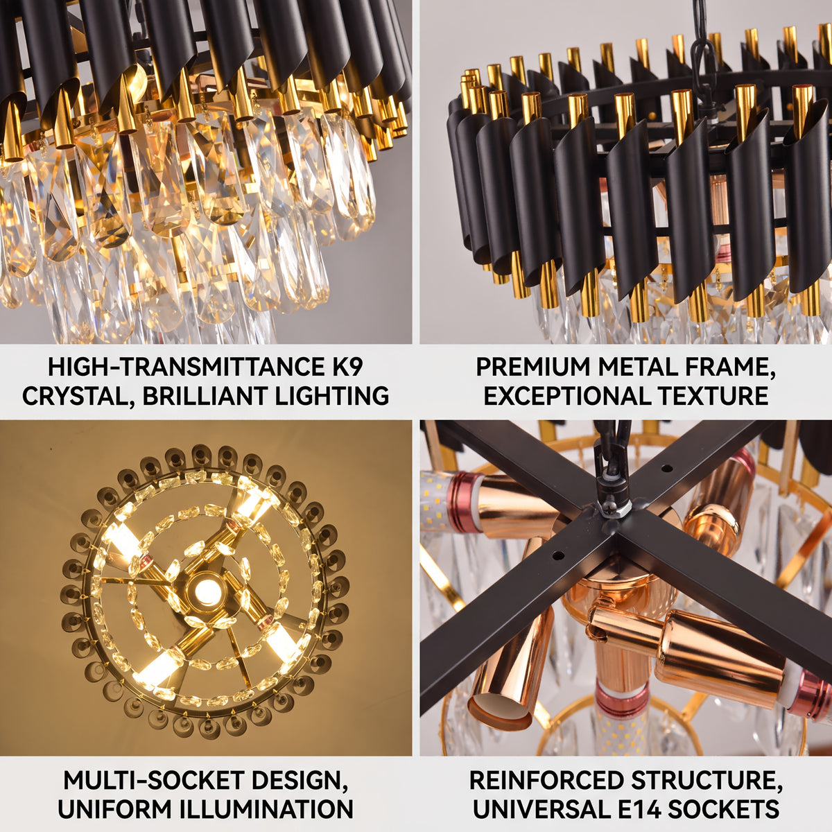 Lustre à lamelles noires et dorées sur cascade de cristal, Ø 40 cm