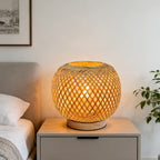 Lampe de chevet boule en bambou tressé, socle en bois, 18 cm