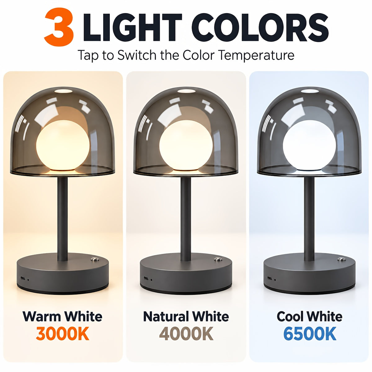 Lampe champignon sans fil à dôme gris ou bleu, 3000 à 6500K