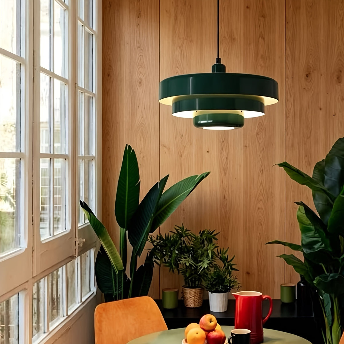 Suspension style Bauhaus vert sapin à trois disques étagés, Ø 34 cm