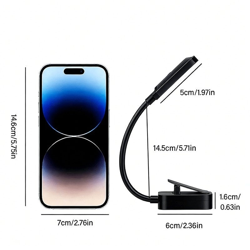 Lampe de lecture à pince noire rechargeable, tête plate, col 14,5 cm