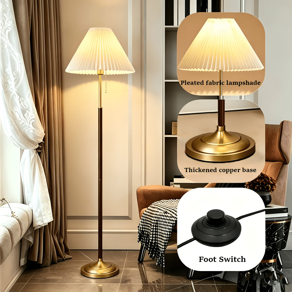 Lampe sur pied à abat-jour plissé crème et chaînette dorée, 160 cm