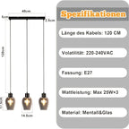 Suspension 3 lumières en verre fumé, tulipes sur barre ou rosace