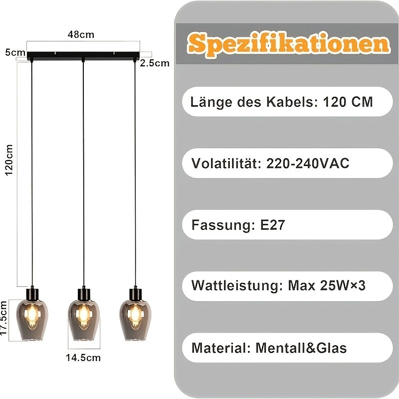 Suspension 3 lumières en verre fumé, tulipes sur barre ou rosace