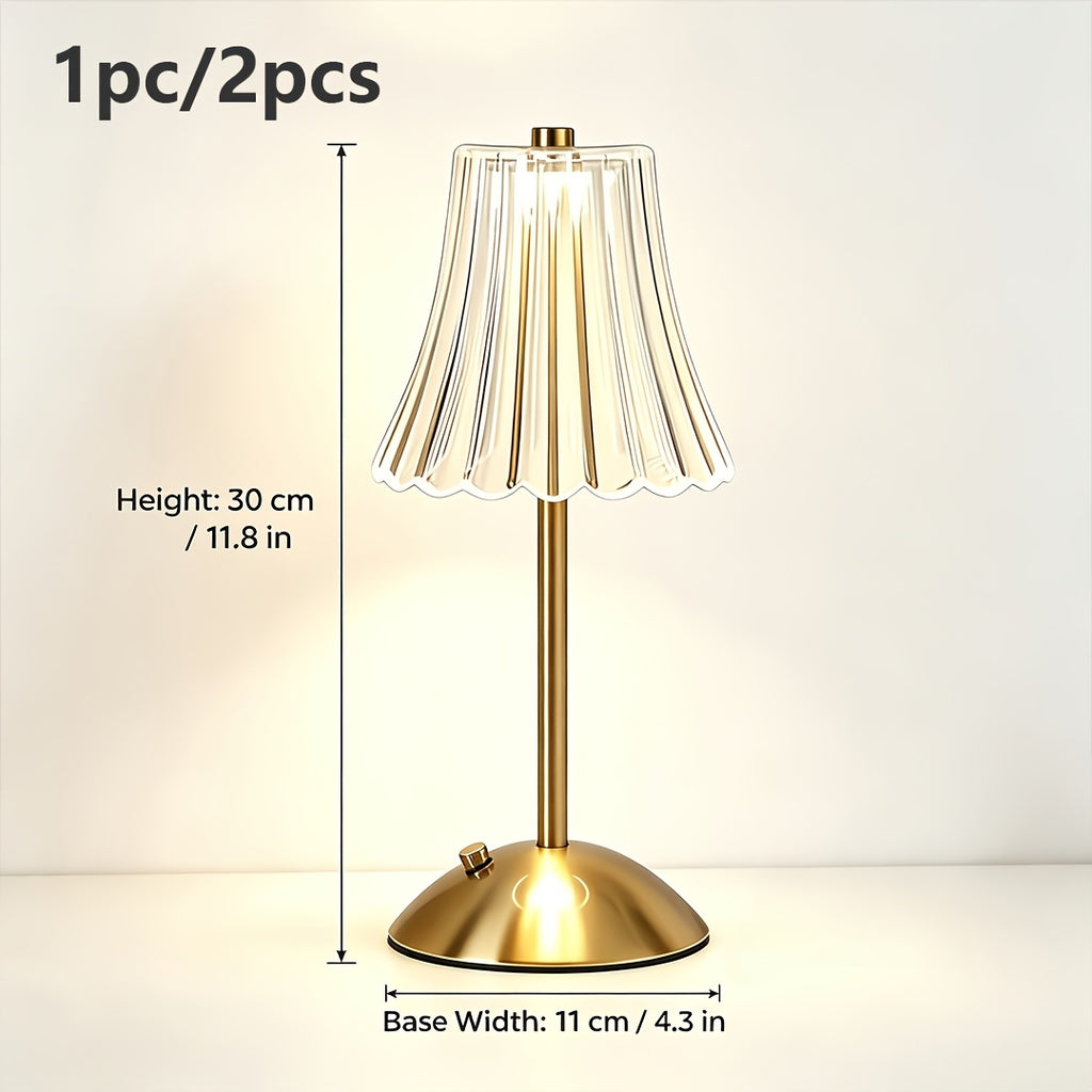 Lampe de chevet sans fil dorée, abat-jour cannelé transparent