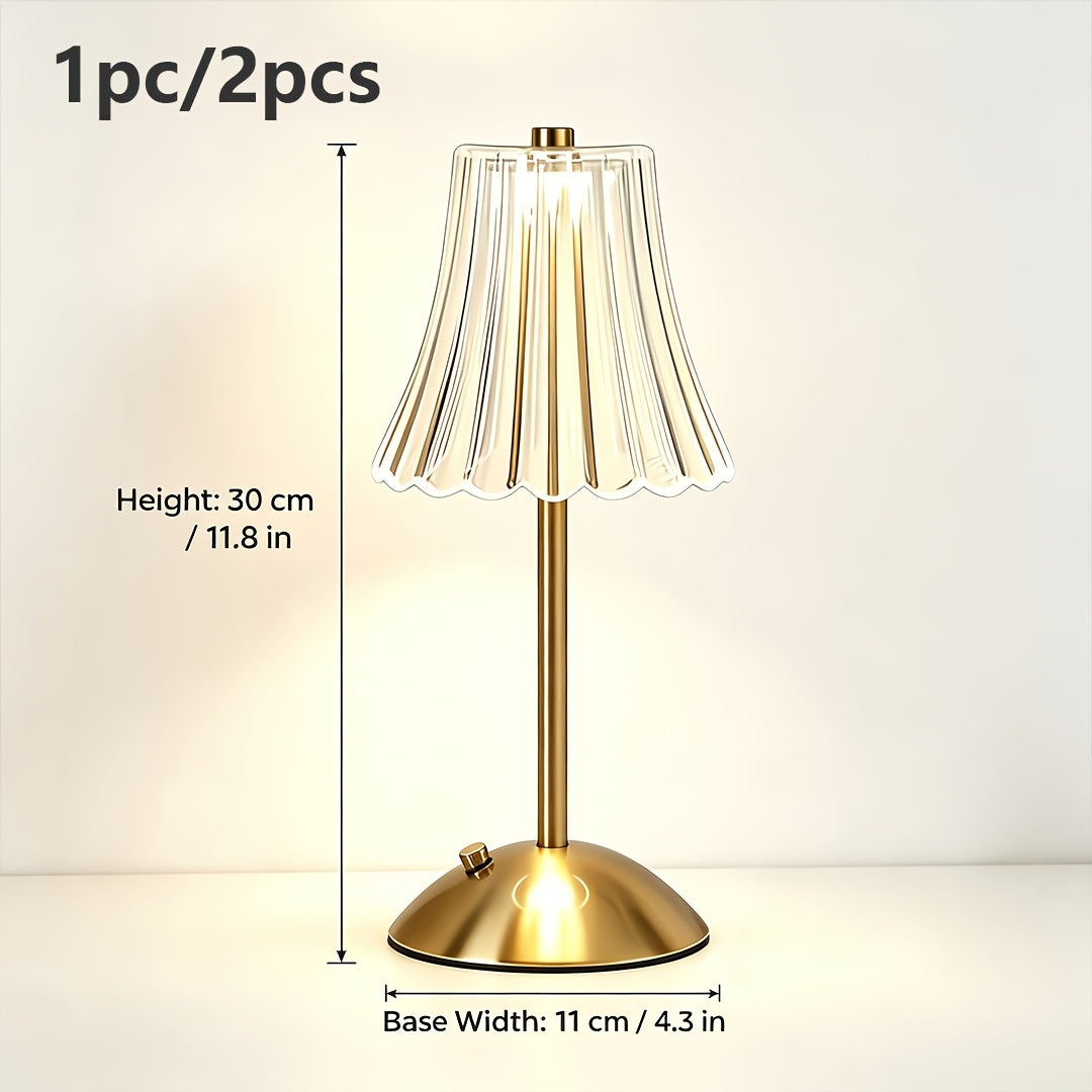 Lampe de chevet sans fil dorée, abat-jour cannelé transparent