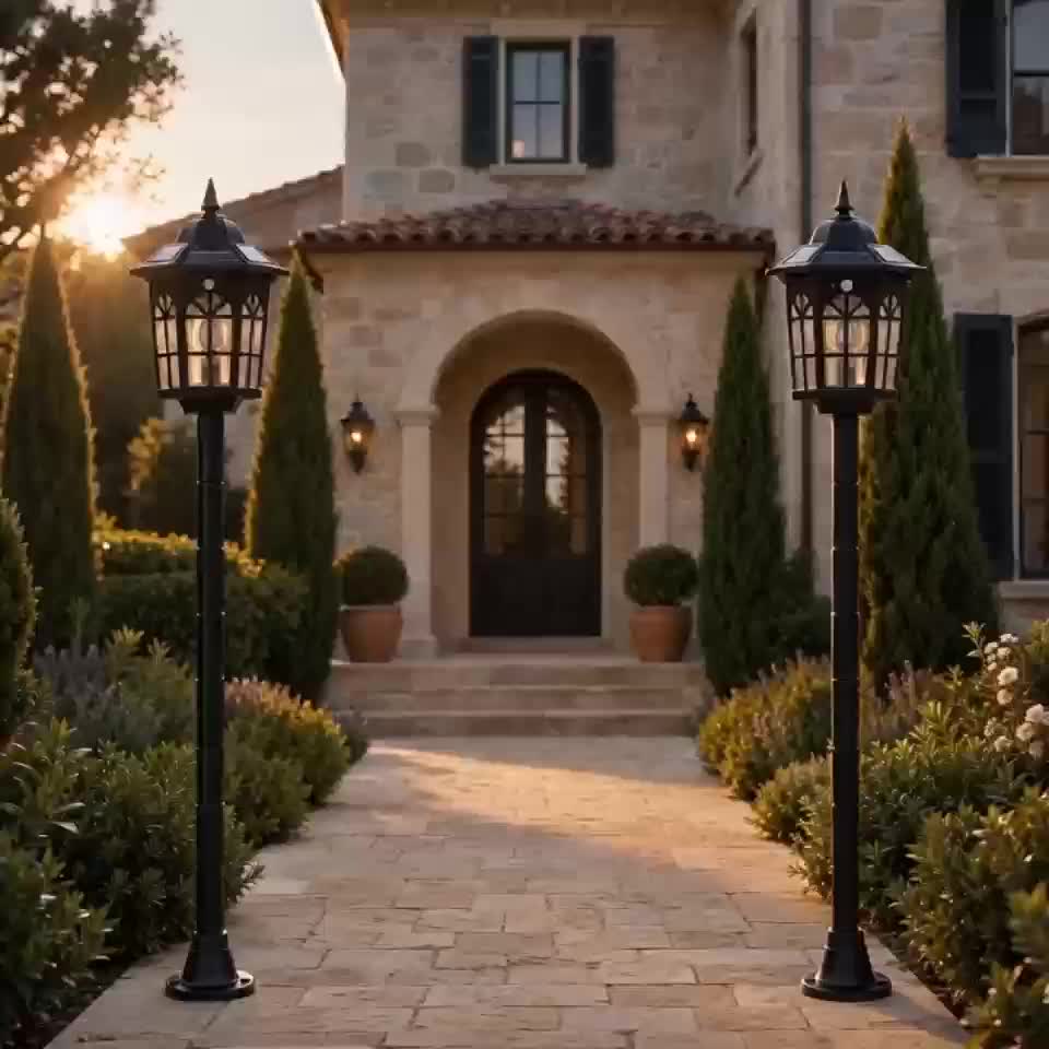Deux lampadaires solaires à lanterne et détecteur