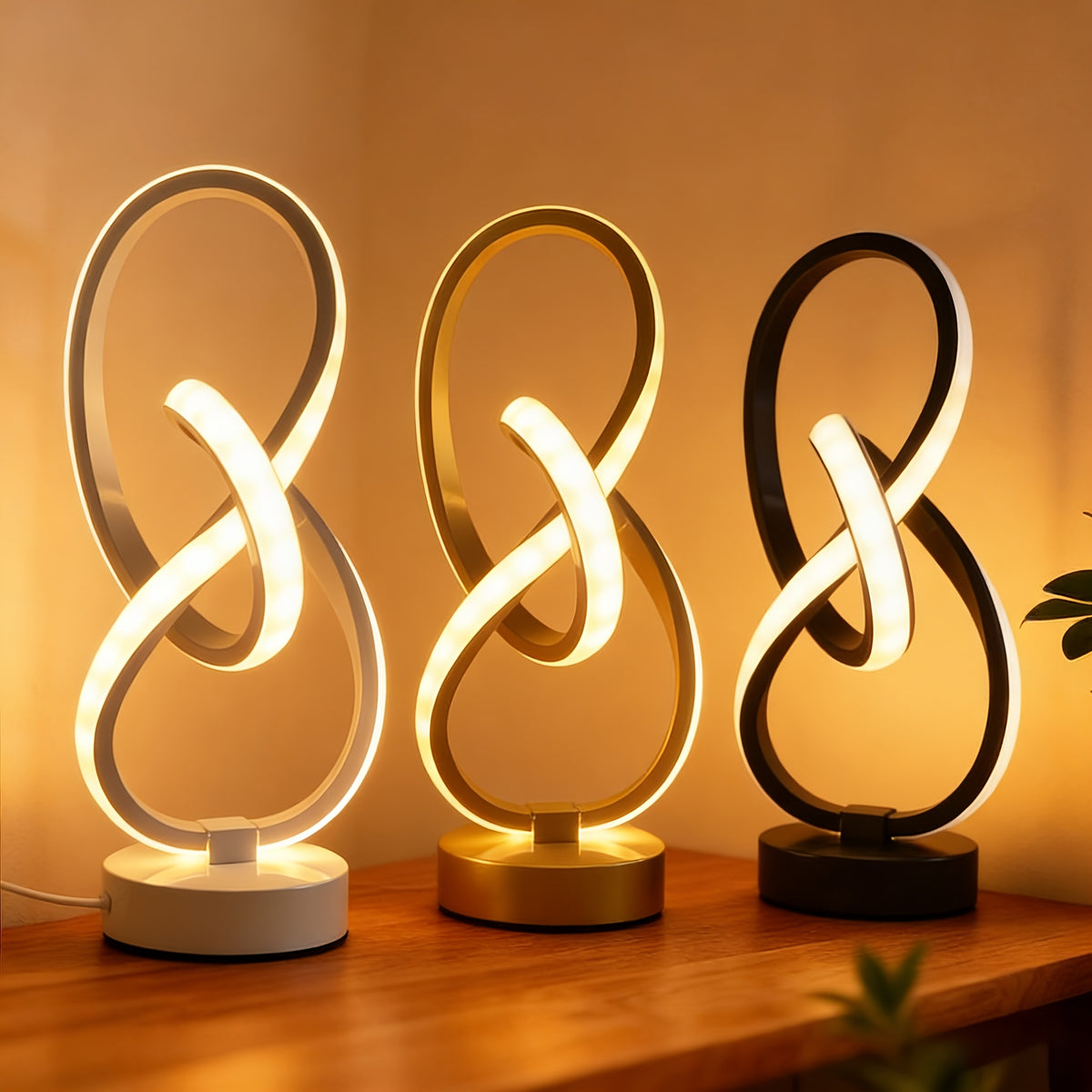 Lampe à poser blanche en ruban LED noué, sculpture lumineuse