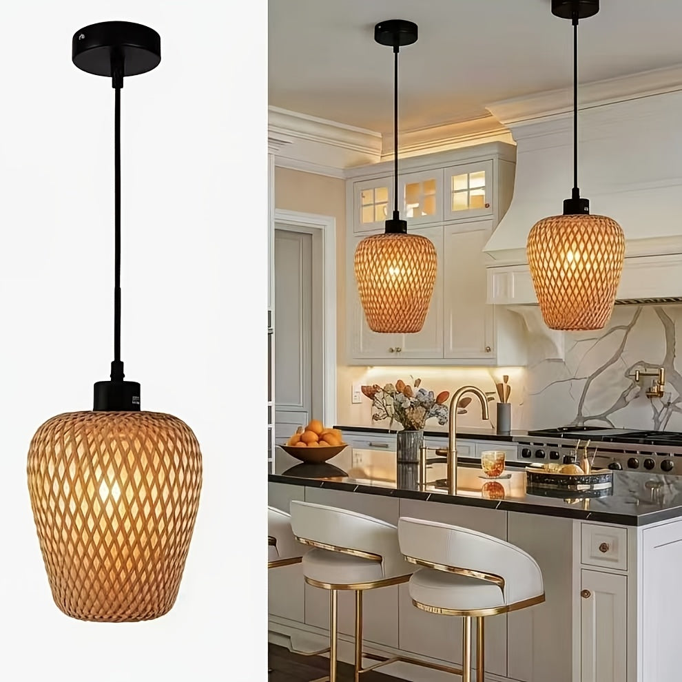 Petite suspension cloche en bambou tressé en losanges, Ø 16 cm