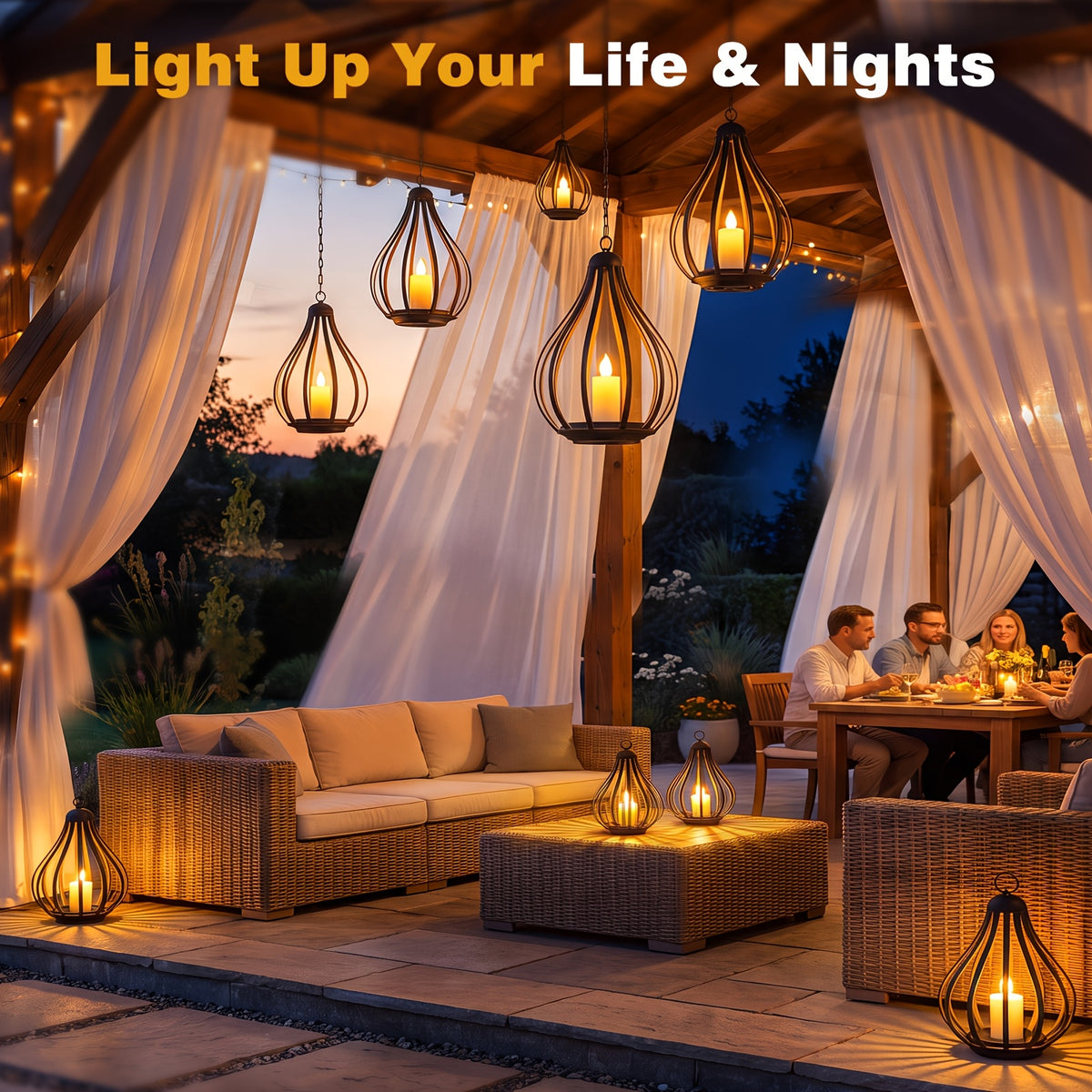 Lanterne solaire goutte en métal noir, bougie LED vacillante, IP65
