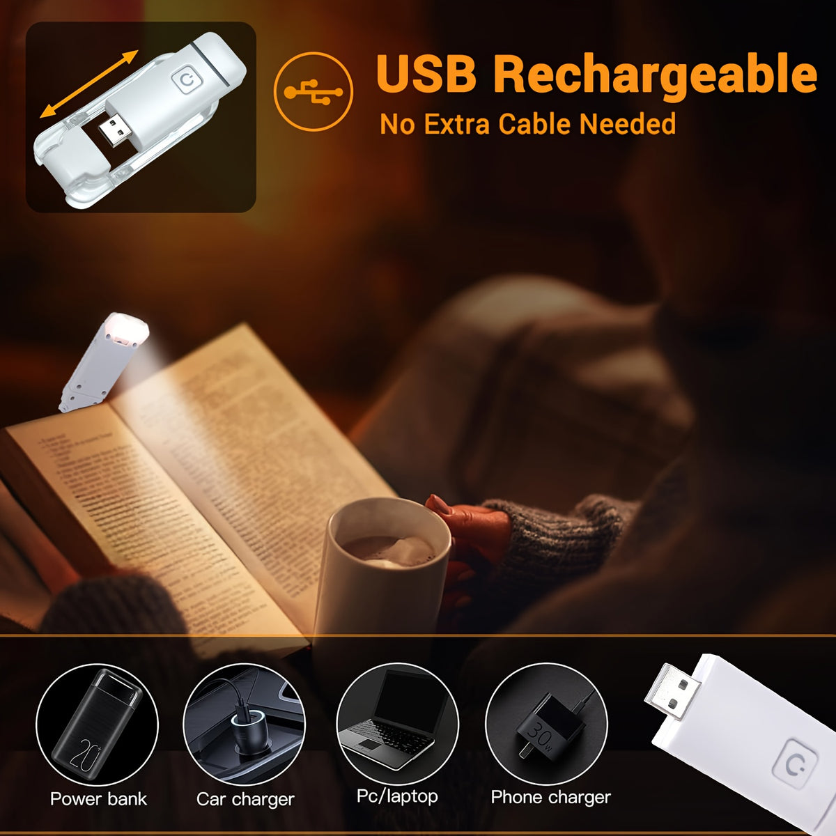 Lampe de lecture à pince à prise USB intégrée, 40 g, quatre coloris