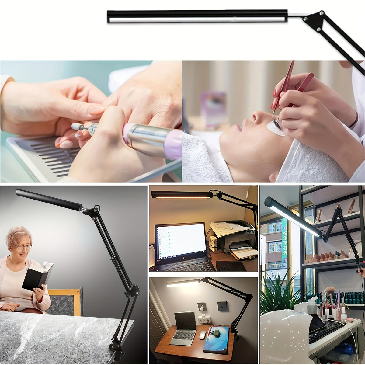 Lampe de bureau LED à pince, bras articulé noir et barre de 33 cm
