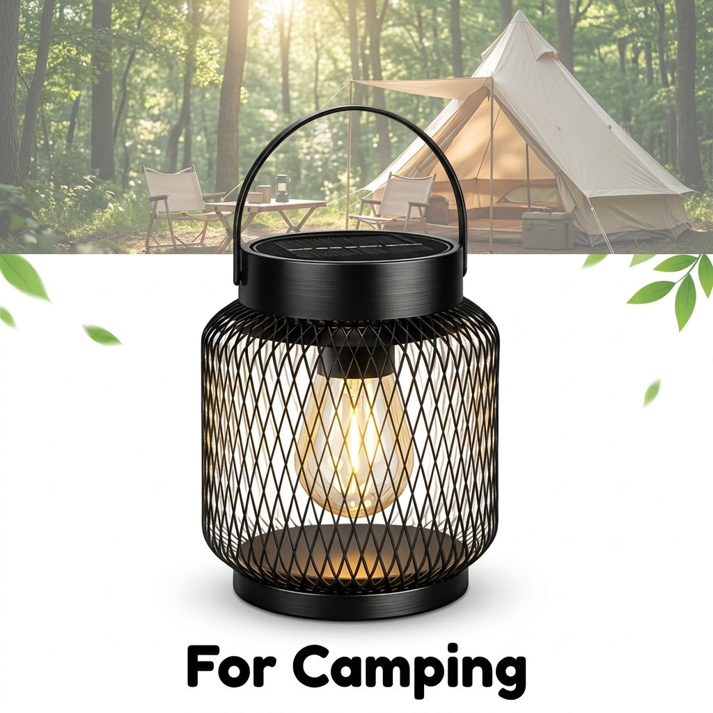 Lanterne solaire en grillage métallique noir, ampoule Edison 2700K