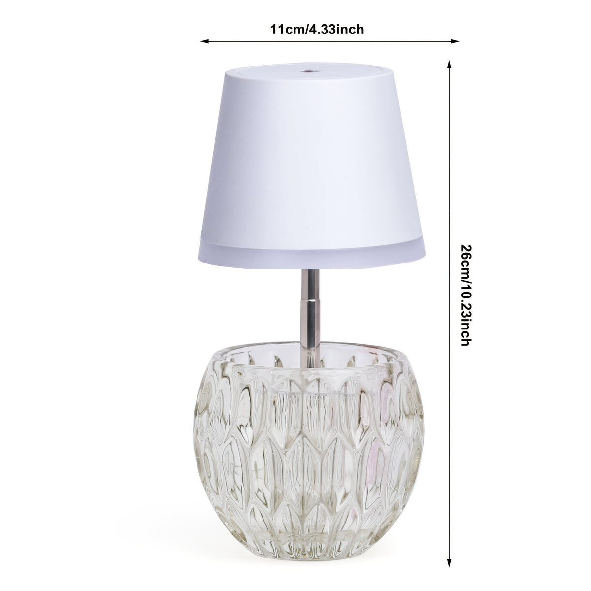 Lampe de table sans fil, pied en verre moulé et abat-jour blanc
