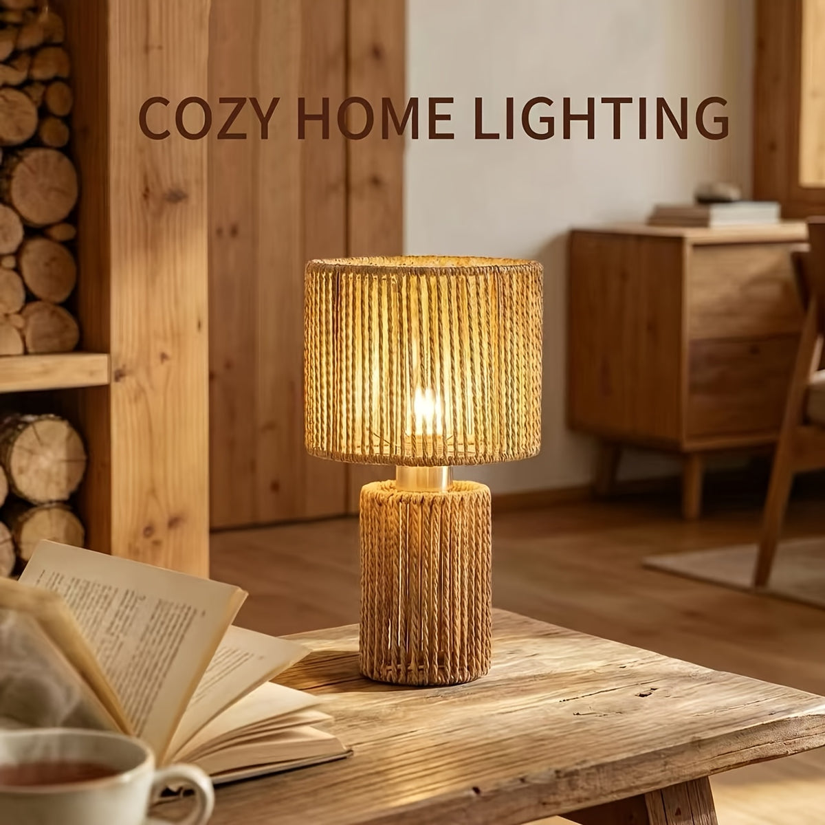 Lampe de chevet en corde tressée naturelle, abat-jour tambour 18 cm
