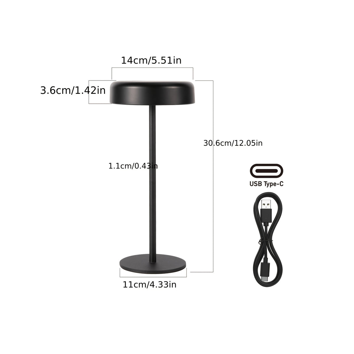 Lampe de table LED sans fil solaire et USB-C, tête noire de 14 cm