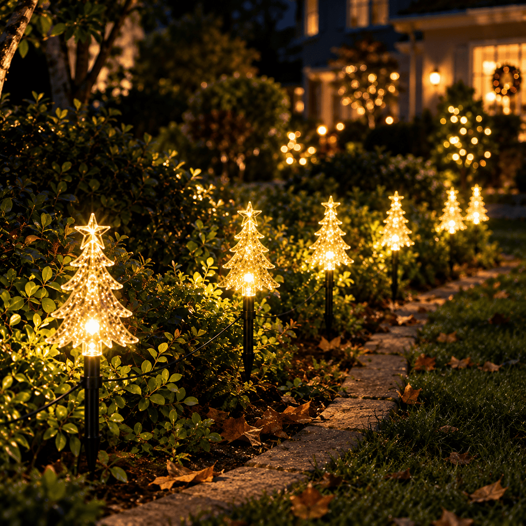 Guirlande de 10 sapins lumineux à piquer, lumière verte, à piles