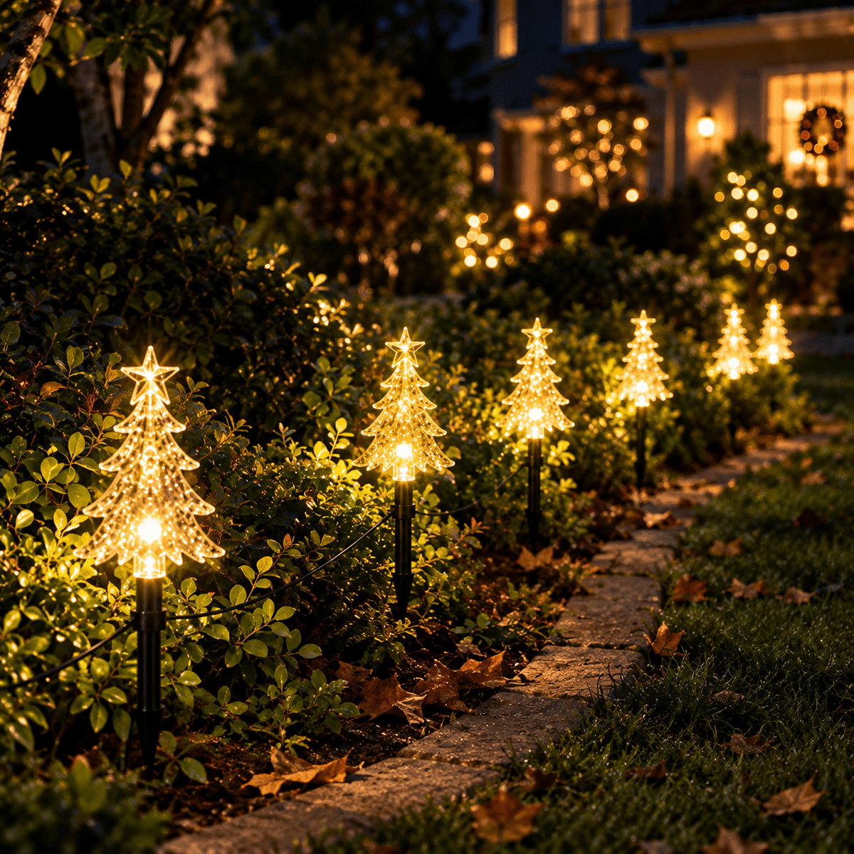 Guirlande de 10 sapins lumineux à piquer, lumière verte, à piles