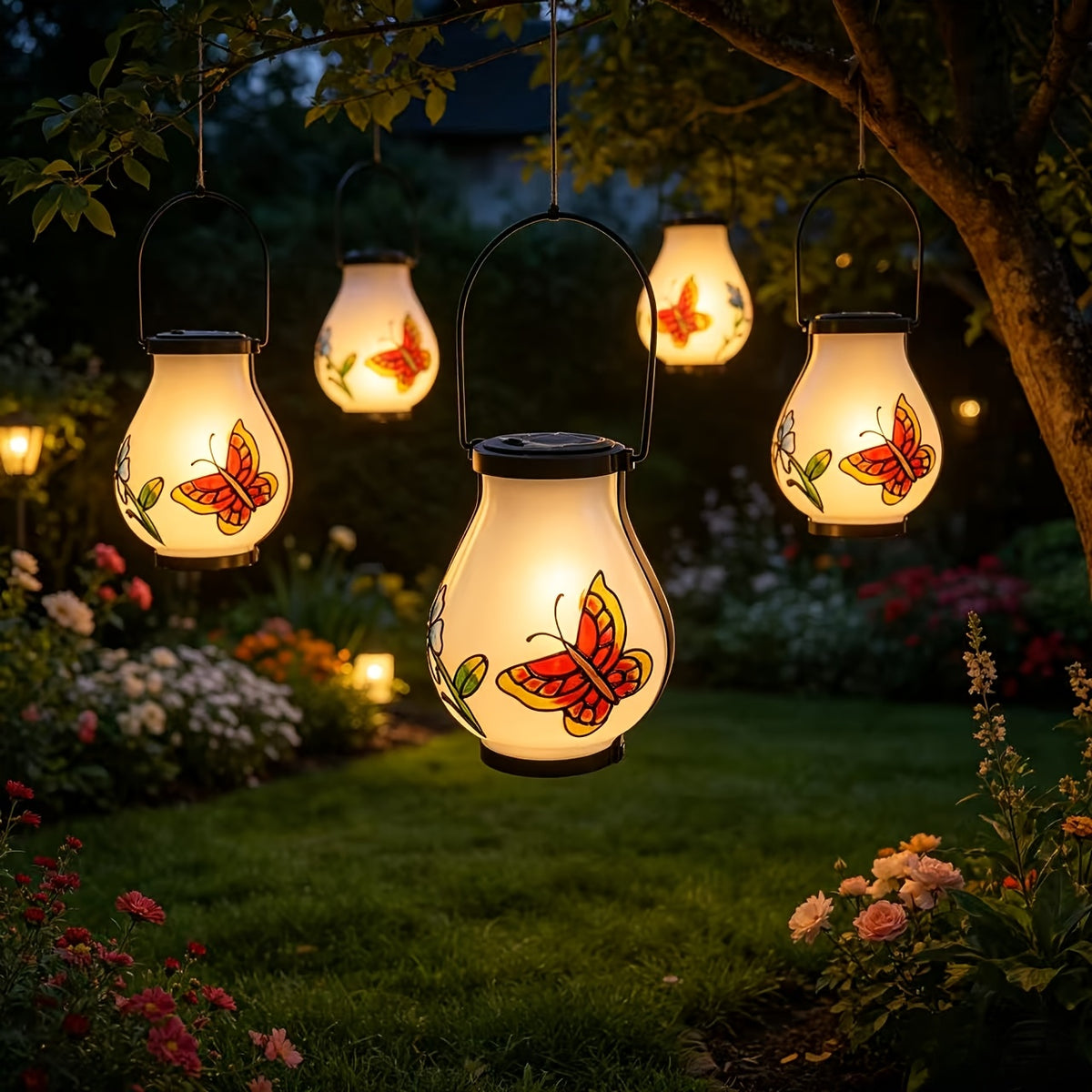 Lanterne solaire en verre dépoli à papillon peint, effet flamme